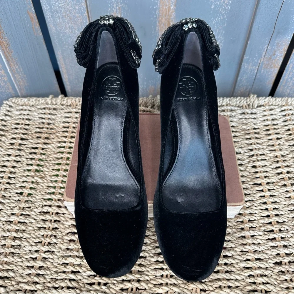 Tory Burch Josephine Velvet Rhinestone Bow Pump Black Sz 7.5 - Picture 2 of 16